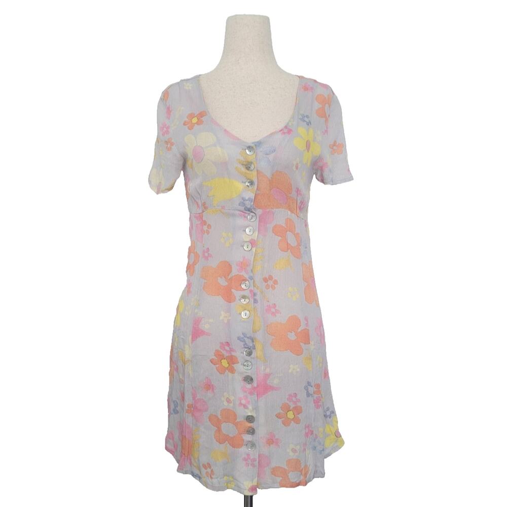 NWT UNIF Dew Flower Print Babydoll Mini Dress Sz XS Blue Mod Retro 70s Cottage